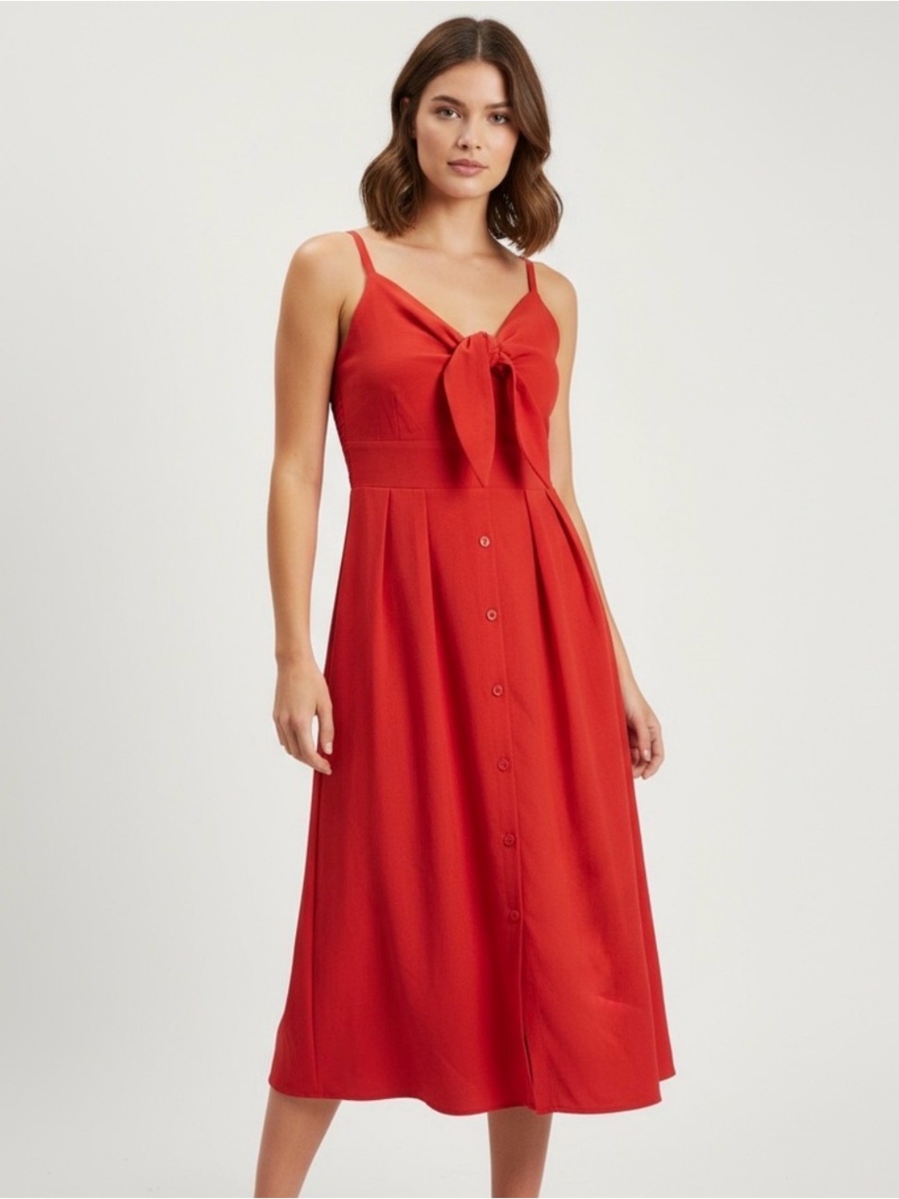 Kensie Red Tie-Front Midi Dress with Button Front